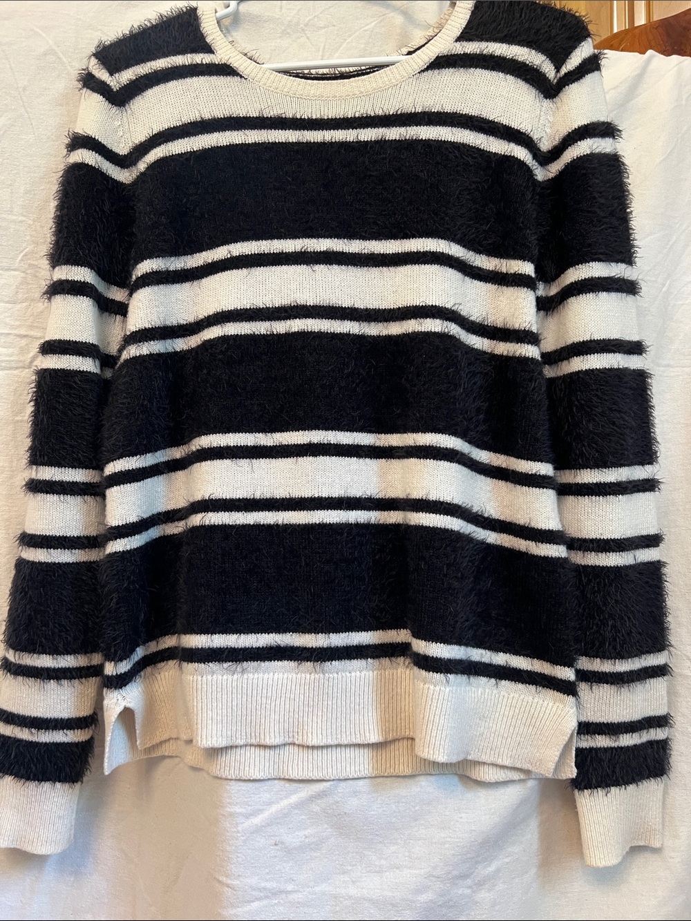 LOFT Black and White Striped Fuzzy Crewneck Sweater